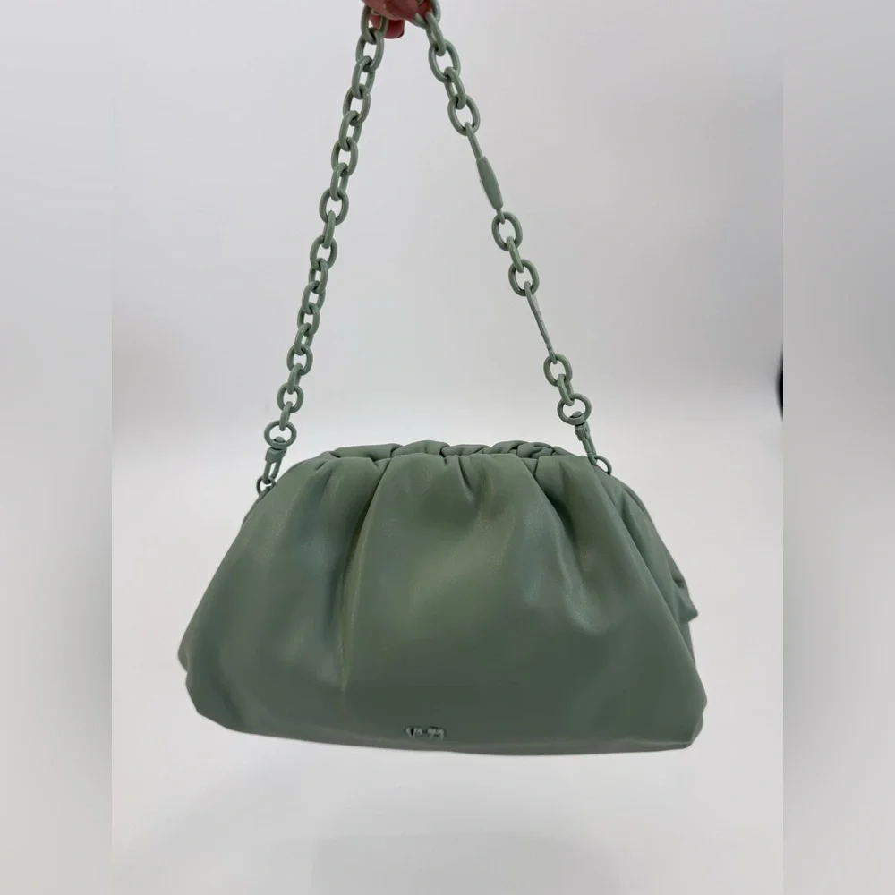 V°73 Sage Green Ruched Shoulder Bag with Chain Strap Soft Pebble Leather Purse